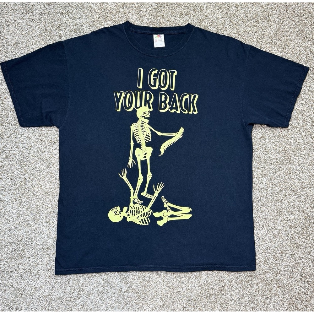 Fruit of the Loom Mens XL I Got Your Back Skeleton Black Graphic Halloween Tee